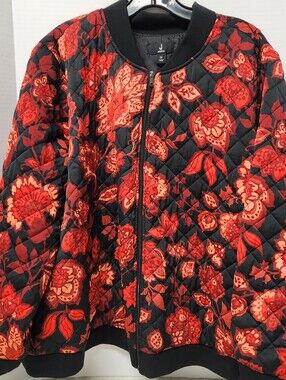 J Jason Wu Women's Plus Sz 2X Quilted Floral Bomber Jacket Black Red